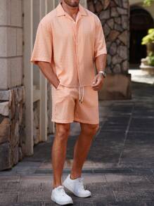 Manfinity RSRT Men's Casual Short Sleeve Shirt And Shorts Set, Simple Style - Orange - View 6