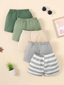 SHEIN Vintaside Kids 5入組嬰兒男孩基本款純色條紋短褲 - 彩色 - 查看 2