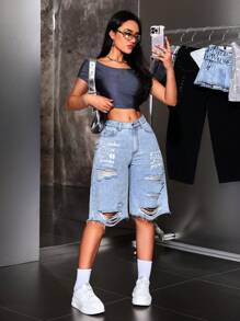 SHEIN ICON Women's Fashionable Loose Distressed Denim Shorts