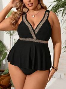Swim Lushoire Plus Size Women Summer Beach Holiday Contrast Tape Top And Bottom Sexy Tankini Set