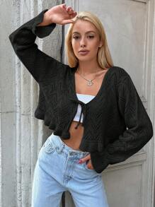 EURMUSE 1pc Tie Front Ruffle Hem Pointelle Knit Crop Cardigan - Black - View 4