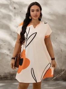 SHEIN LUNE Plus Size Floral Notch V-Neck Batwing Sleeve Summer Dress - Apricot - View 3