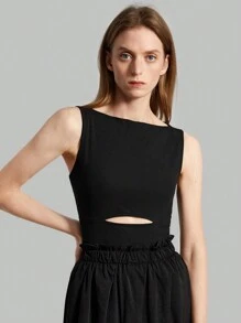 Ontre Của phụ nữ Màu thuần Xu hướng: Cắt giảm Áo ba lỗ - màu đen - Xem 4