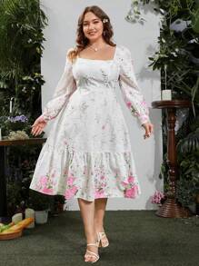 Flirla Vestido Casual Romântico Estampado de Manga Longa e Decote Quadrado em Tamanho Grande - Branco - Ver 7