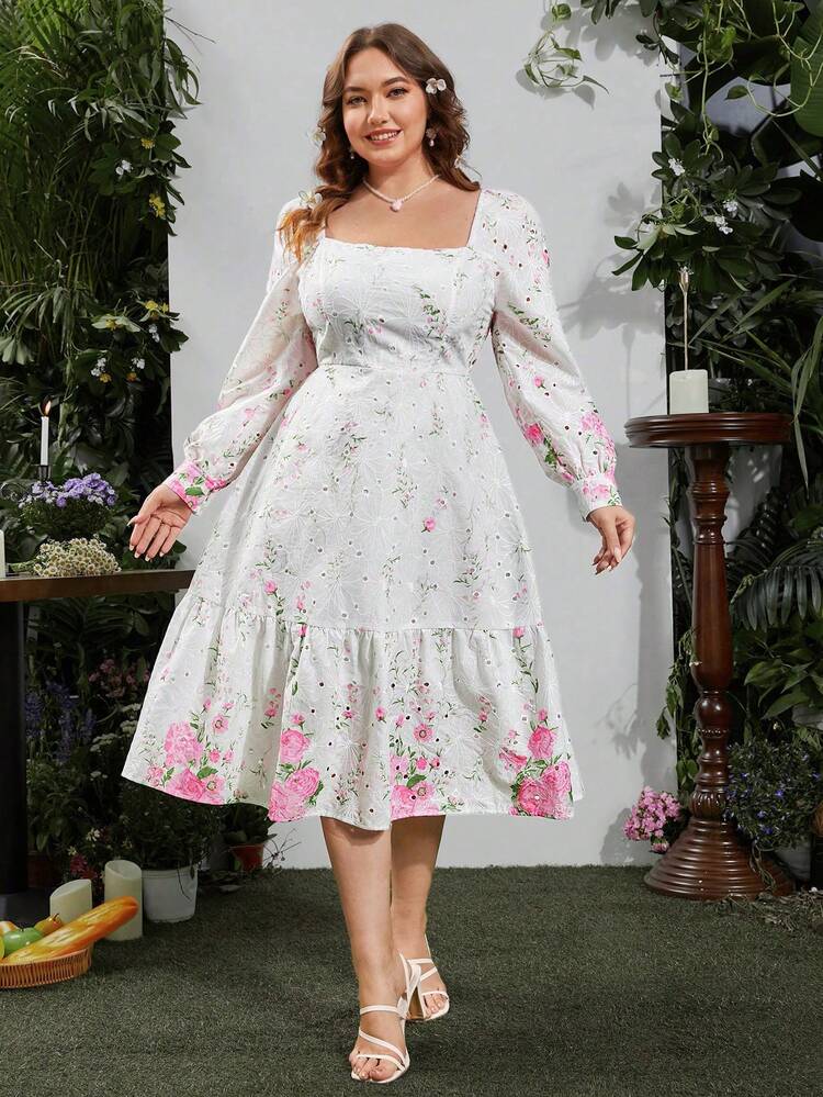 Plus Size Square Neck Long Sleeve Printed Romantic Casual Dress Fall Cloth For Women