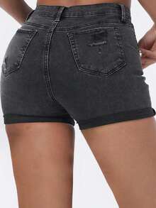 Women's Distressed Denim Shorts With Pockets, Washed - Dark Grey - View 8