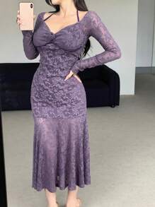 DAZY Vestido de encaje de manga larga para fiesta/boda/formal, con volantes, vestido de otoño para mujer - Morado - Ver 7