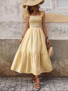 Breezaya 女士格子印花露背荷叶边下摆度假连衣裙（随机印花）超长度假海滩装 - 黃色 - 查看 1