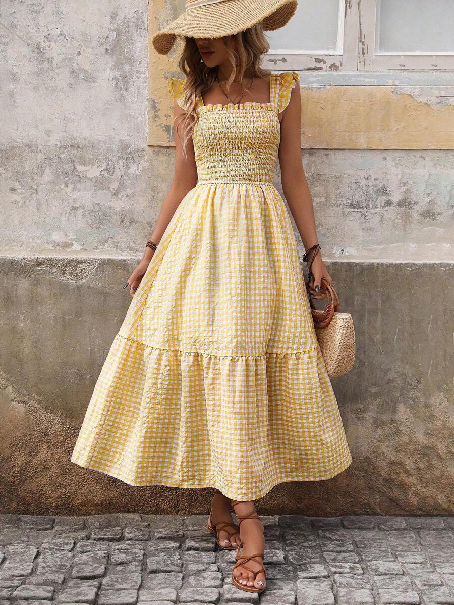 Breezaya 女士格子印花露背荷叶边下摆度假连衣裙（随机印花）超长度假海滩装 - 黃色 - 查看 1