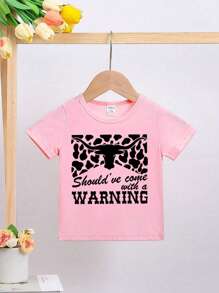 SHEIN Young Girl Cartoon Cow & Letter Slogan Printed Short Sleeve T-Shirt, Casual - Pink - View 3
