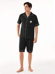 Men's Printed Simple Daily Home Wear Set - Black - View 5