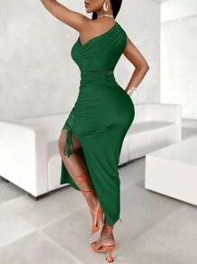SOLERSUN Ladies' Summer Asymmetrical Neck Bodycon Dress With Ruched Drawstring And Open Slit Maxi Women Outfit - Dark Green - View 2