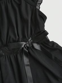 ROMWE Kawaii Himekaji 休闲蝴蝶结装饰泡泡袖透明网眼娃娃装 T 恤，适合上学 - 黑色 - 查看 4