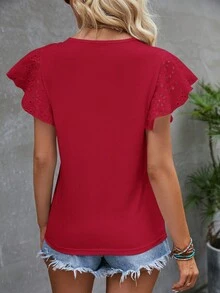 SHEIN Clasi 女士夏季純色圓領荷葉短袖休閒T恤 - 紅色 - 查看 2