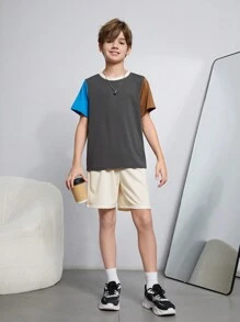 Conjunto de 4 piezas para niño preadolescente con bloque de color casual, camiseta de manga corta y shorts para verano