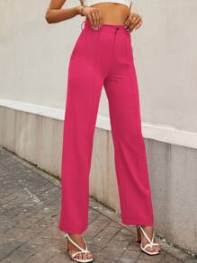 EURMUSE Solid High Press Crease Pants - Hot Pink - View 4