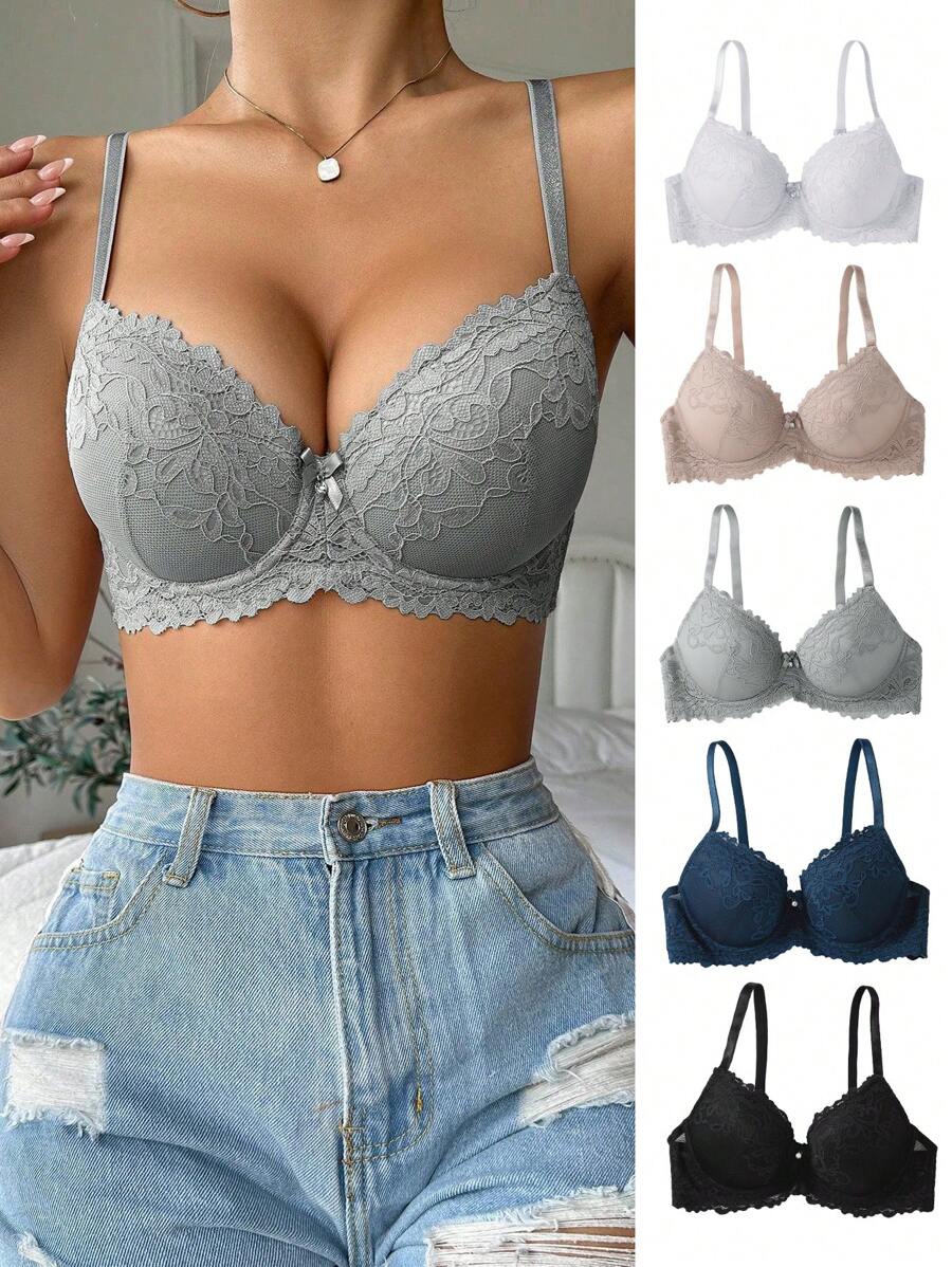 Snug Zone 5 件浪漫可爱蕾丝聚拢文胸套装，调整型，日常穿着内衣 - 彩色 - 查看 1