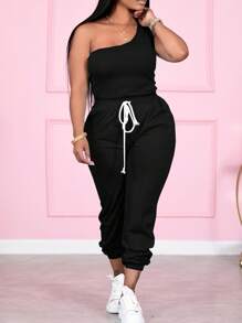 SHEIN 大尺碼女士簡約日常深V側肩純色兩件套裝 - 黑色 - 查看 1