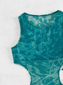 Swim Vcay Women's Summer Beach Tie-Dye Halter Neck Sexy Bikini Bathing Suit Set With Cover-Up Dress (Random Print) - Green - View 4