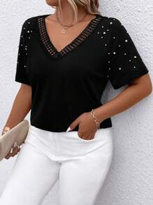 大碼女款純色V領短袖T卹，假珍珠裝飾，夏季 - 黑色 - 查看 5