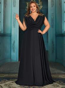 QOQ Simple Elegant Plus Size Summer Bridesmaid Gown Perfect Wedding Women Formal Dress For Wedding, Dinners, Beautiful Bridesmaids, Guest Solid Color Applique Plunge Neck Sleeveless Bridesmaid Long Dresses, For Valentine's Day - Black - View 6
