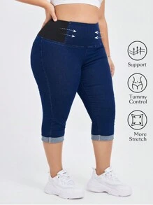 Flexra Plus Size High Waist, Elastic And Tight-Fitting Belly Control Skinny Stretchy Knit Denim Capris Mid-Length Jeans Stretchy Knit Denim Apple Bottom Jeans  Autumn Outfits For Women Festival Outfits Business Casual Capris For Women - Medium Wash - View 1