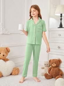 Tween Girl, cu dungi verzi, top cu mânecă scurtă și pantaloni lungi, set casual din două piese, cu buzunare, îmbrăcăminte de relaxare