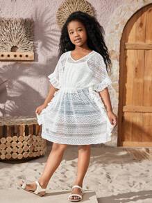 SHEIN Tween Girl Loose Fit Casual Solid Color Round Neck Pullover Top With Simple Ruffle Trim - White - View 1