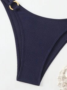 Women's Summer Beach Solid Color Ruffle Halterneck Bikini Set - Navy Blue - View 6