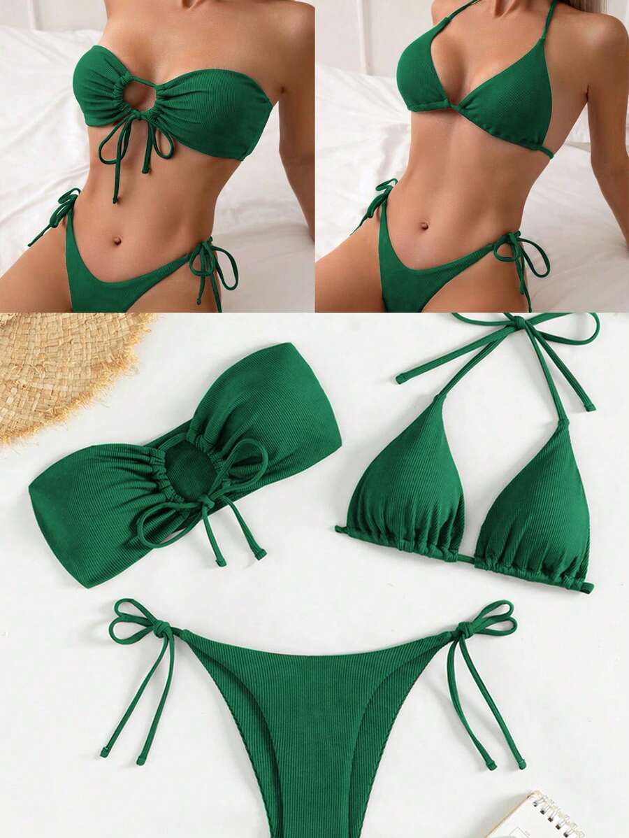 SHEIN Swim 3入組女士夏季海灘純色無肩帶綁帶及寬頸比基尼套裝 - 墨綠色 - 查看 1