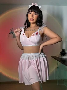 SHEIN 加大號鑲邊透視文胸和丁字褲套裝連裙子，性感表演服裝 - 粉色 - 查看 4