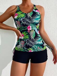 SHEIN Swim Tankini con estampado tropical y cordón en el lateral, playa de verano - Negro - Ver 3