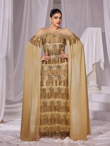Faeriesty Rhinestone Detail Extra-Long Sleeves Fringed Sequin Prom Dress - Champagne - View 6