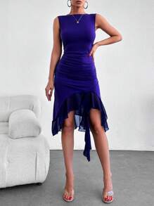 EURMUSE Asymmetrical Tube Dress With Ruffles, Ruffle Trim, Ruched Details - Purple - View 5