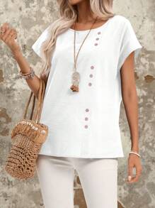 EMERY ROSE Camicia casual con manica batwing a collo rotondo e bottoni per le donne, bluse estive in cotone - Bianco - Visualizzare 5