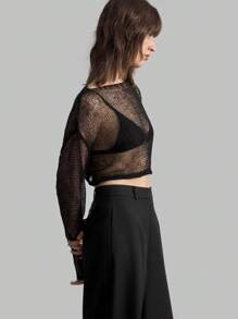 Ontre 女秋冬黑色休闲圆领长袖半透女毛衣，适合休闲都市，简约时尚，城市通勤，教师节穿搭