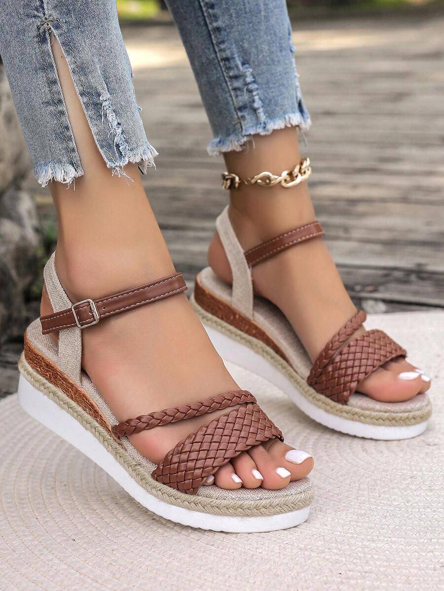 Brown Braided Wedge Sandals For Summer, With Thick Platform, Woven Sole, Ankle Strap, Boho Style, Perfect For Vacation, Sandals That Add Height