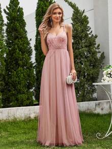 EVERPRETTY Embroidered Tulle Bridesmaid Dress With Ribbon Ties - Baby Pink - View 4