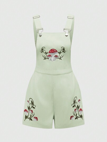 Fairycore Mushroom & Vine Embroidery Design Overall Shorts