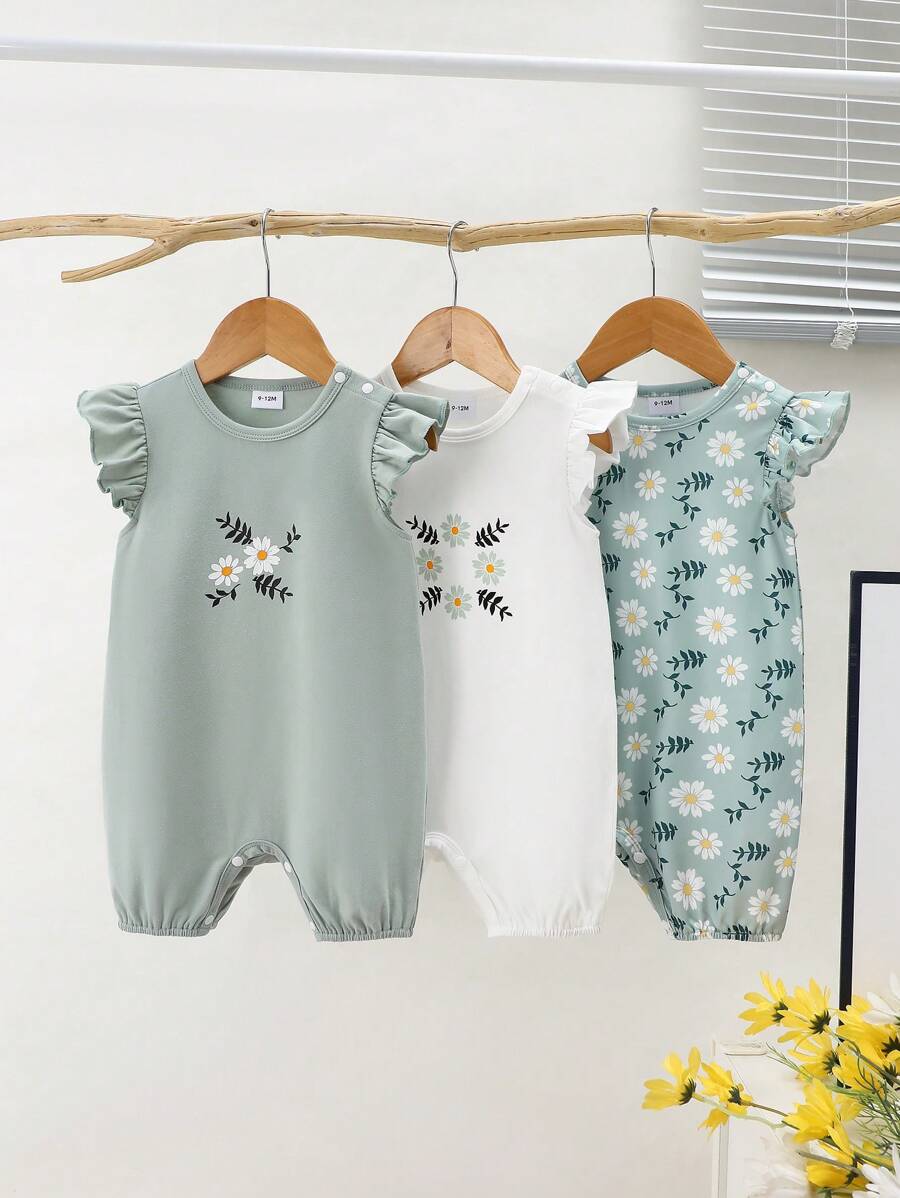 SHEIN Playful Pals 3 件套女婴休闲花卉印花盖袖连体衣套装，夏季 - 彩色 - 查看 1