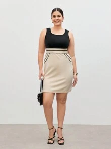 BizChic Plus Size Sleeveless Elegant Colorblock Patchwork Dress Business Women Clothes - Black - View 8