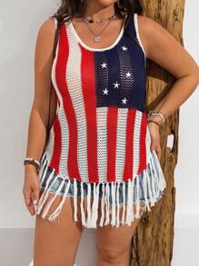 SHEIN LUNE Sexy Hollow Out Plus Size Knitwear With American Flag Pattern - Multicolor - View 1