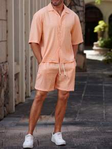 Manfinity RSRT Men's Casual Short Sleeve Shirt And Shorts Set, Simple Style - Orange - View 5