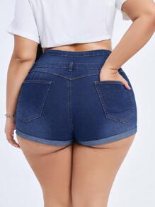 SHEIN EZwear Plus Size Women's Fashionable Denim Stretchy High Waist Design Sexy Folded Hem Shorts - Blue - View 7
