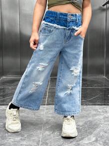 SHEIN YOUNG GIRL 休閒街頭簡約前衛色塊高腰破洞淺色牛仔褲，直筒設計 - 淺色水洗藍 - 查看 4