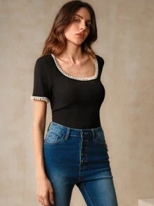 Anewsta Casual And Simple Women's Black Short-Sleeved T-Shirt With Pearl And Rhinestone Decorated U-Neck Collar