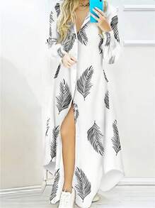 女士度假热带植物印花长款连衣裙搭配单排扣衬衫裙，春夏新品 - 白色 - 查看 1