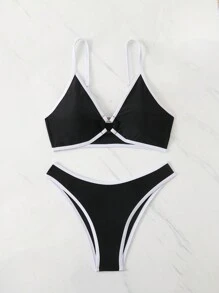 女士夏季海灘對比色環形連接性感比基尼套裝 - 黑與白 - 查看 3