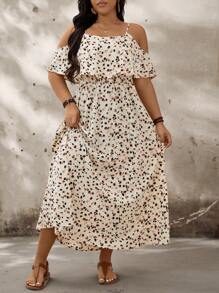 SHEIN LUNE 大尺碼女裝假日風格小花紋荷葉邊連身裙 - 彩色 - 查看 6