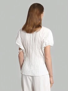 Ontre Women Round Neck Concise And Versatile Spring/Summer Cotton Shirt With Pleats - White - View 4
